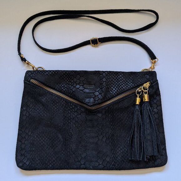 Gorgeous Vintage Italian black textured Leather Clutch/Crossbody Bag - Picture 1 of 16